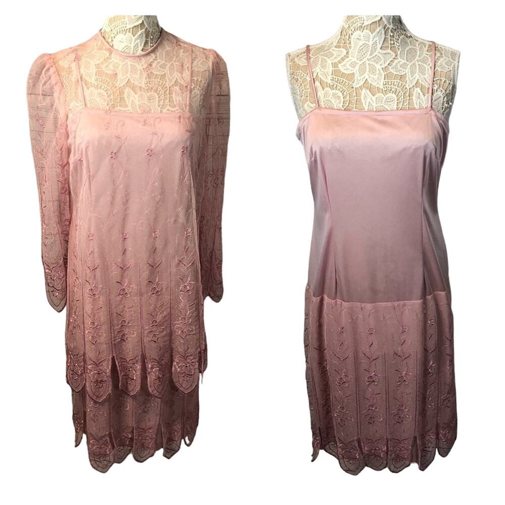 Vintage 90s Samax New York Pink Lace Sheer Overlay Dess Set size medium